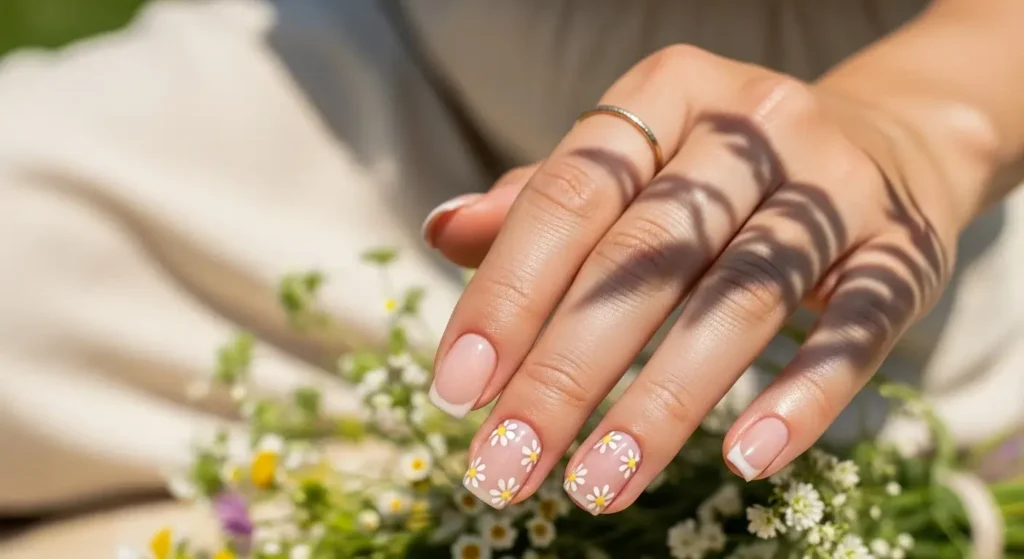 Glossy Nude Short Nails with White Floral Accents Cute Summer Nail Inspo for 2025: Almond, Square & Short Styles