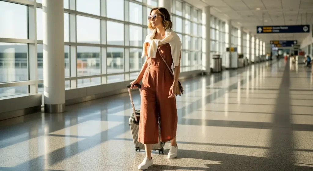 Linen Jumpsuit + Lightweight Scarf Airport Summer Outfits