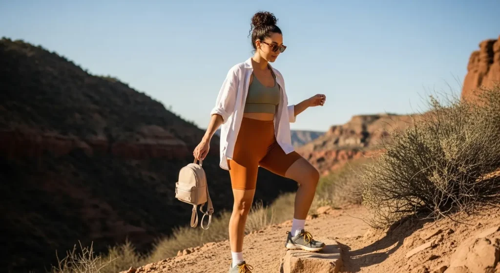Biker Shorts + Sports Bra + Oversized Shirt Hiking Outfits for Summer