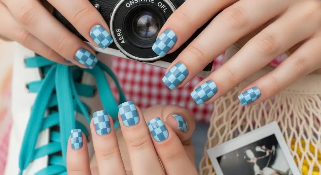Checkerboard Baby Blues Cool Blue Nail Ideas for Summer