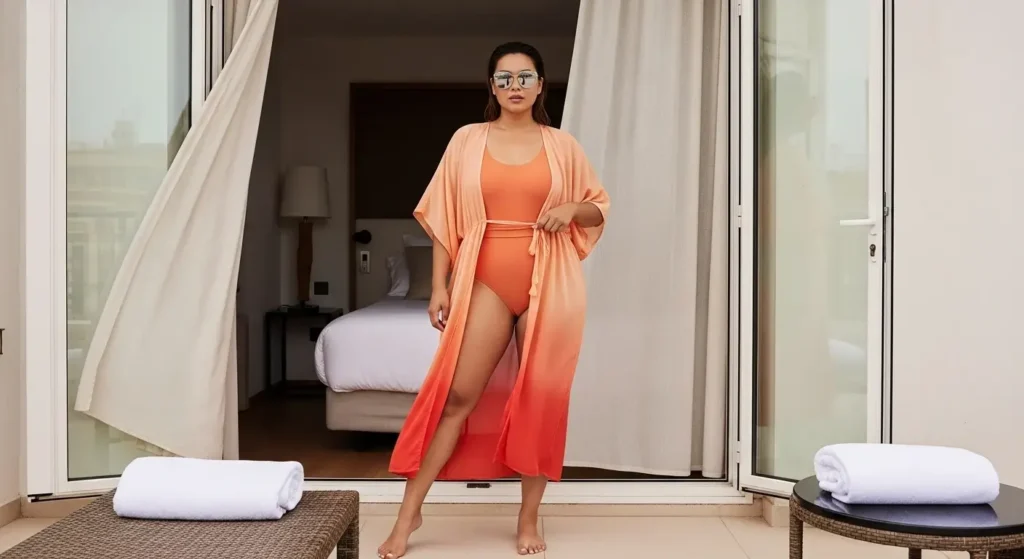 Lightweight Kaftan + One-Piece Swimsuit Barcelona Summer Outfits Guide