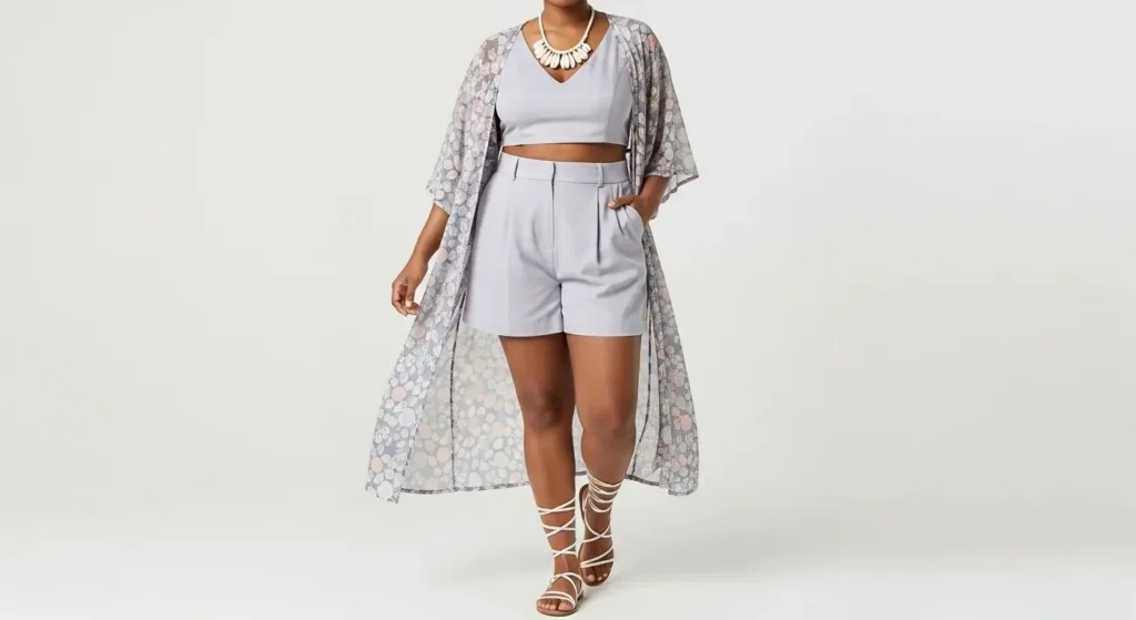 Sheer Kimono Over Crop Top & Tailored Shorts Thick Girlfriend Summer Outfits