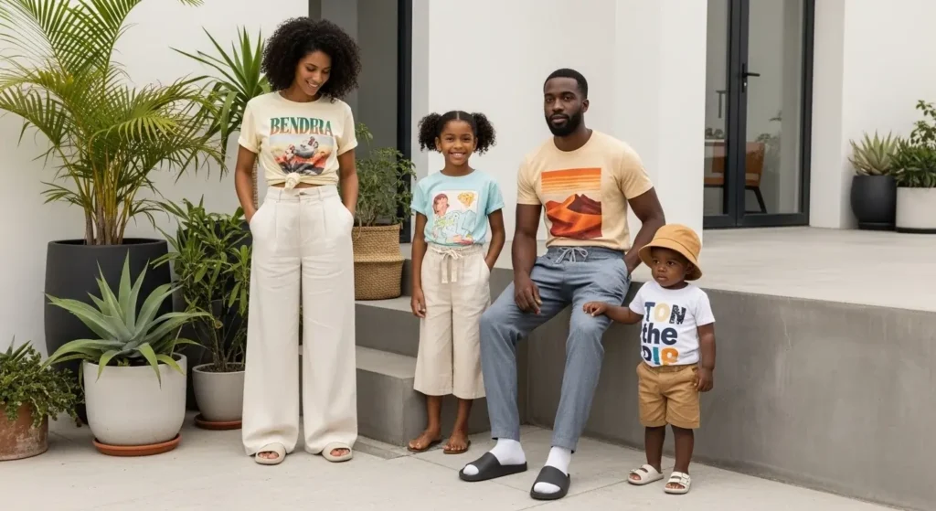 Elevated Casual (Graphic Tees & Linen Pants) Summer Family Photoshoot Outfits
