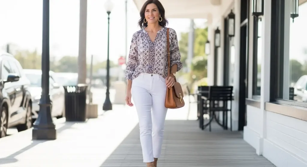 White Jeans + Flowy Blouse outfit for women over 40