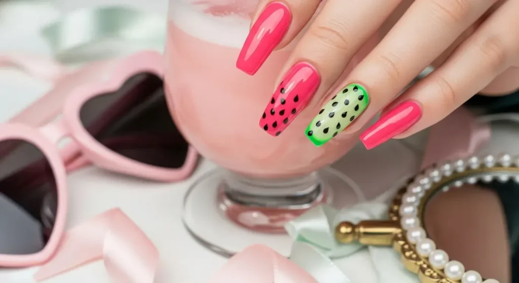Seeded Accent Nails Juicy Watermelon Nails For Summer