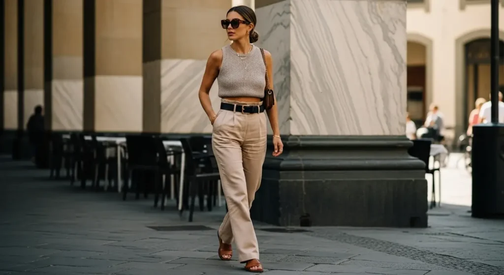 Cropped Knit Tank + High-Waist Trousers Italy Summer Outfit Ideas
