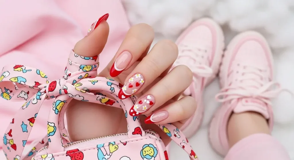 Cherry-Colored Tips with White Accents Red Summer Nails