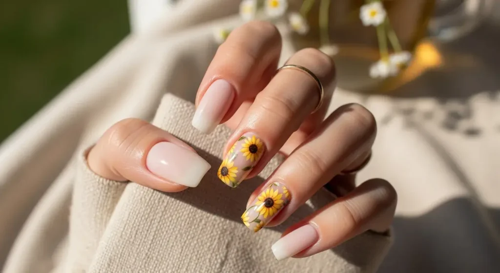 Sunflower Accent Nail Art Bright Yellow Nails Made for Summer 2025