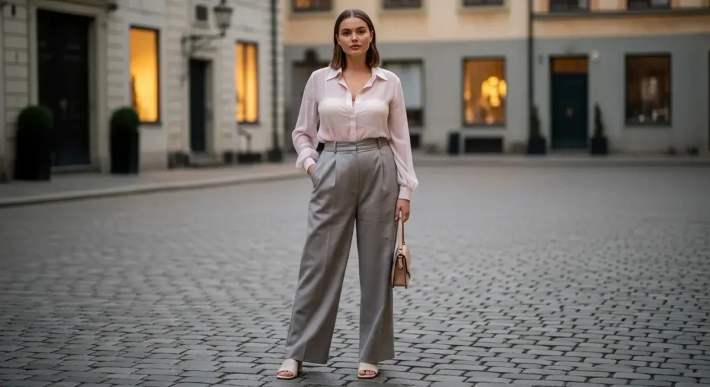 Sheer Blouse + High-Waisted Trousers European Chic Summer Outfits Ideas