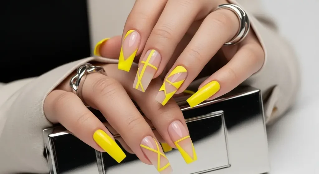 Geometric Yellow Tips Bright Yellow Nails Made for Summer 2025