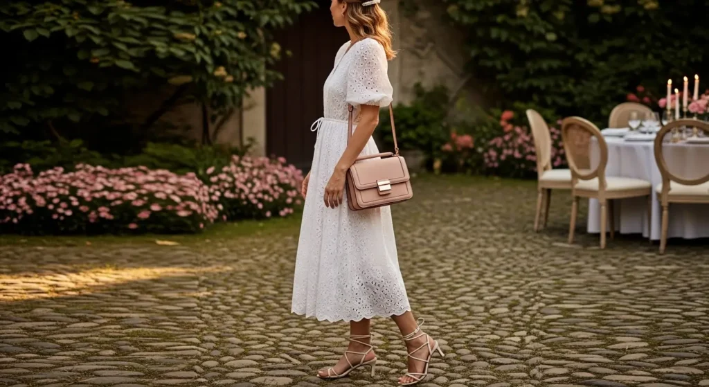 Cotton Eyelet Dress + Low Heels Classy Summer Outfits
