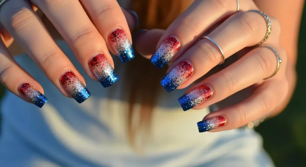 Glitter Fade in Red, White & Blue Cute July Nails for Summer 2025