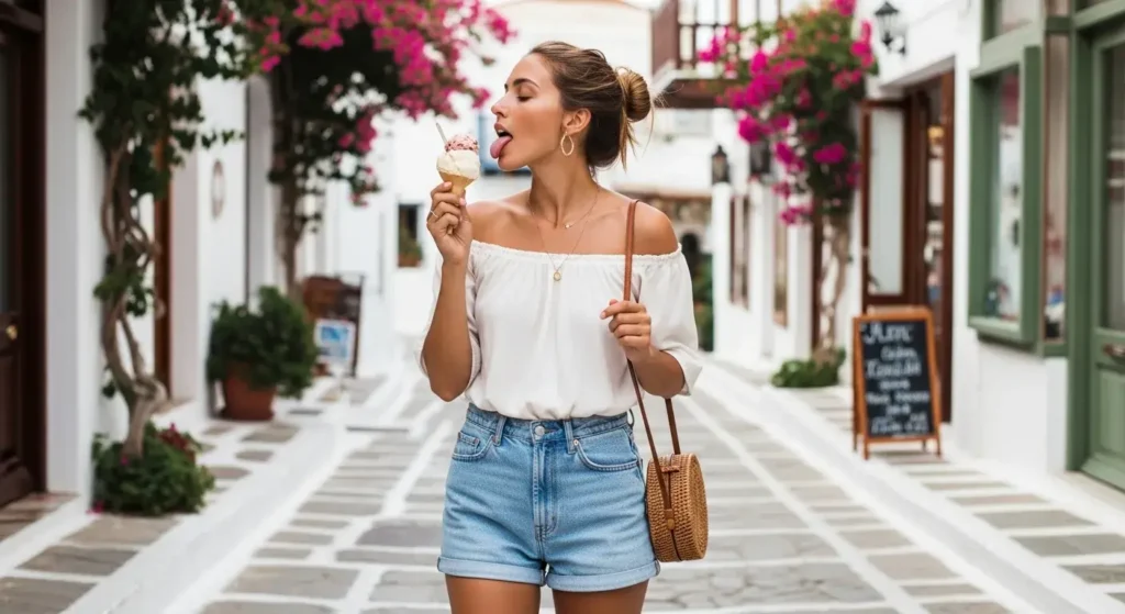 Denim Shorts + Off-Shoulder Top Summer Vacation Outfits
