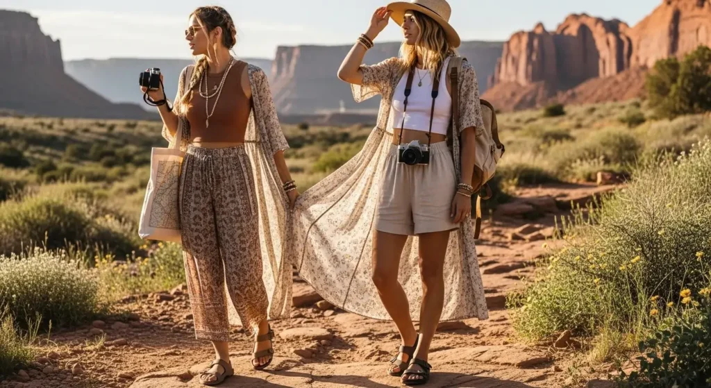 Boho Printed Pants + Fitted Tank Hiking Outfits for Summer