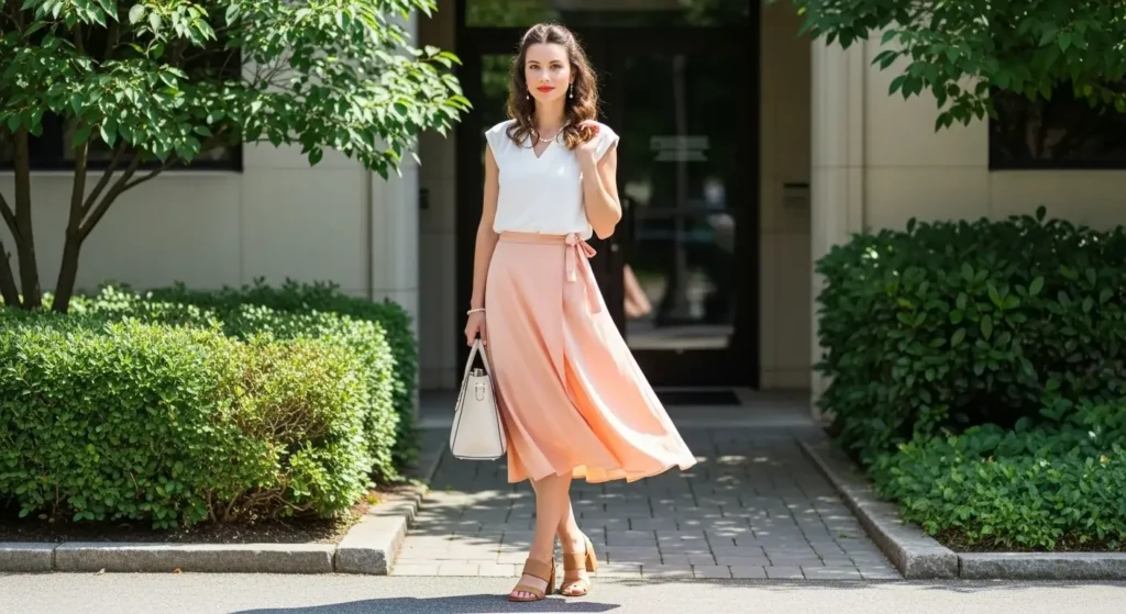 Wrap Skirt + Cap Sleeve Blouse Summer Business Casual Outfits