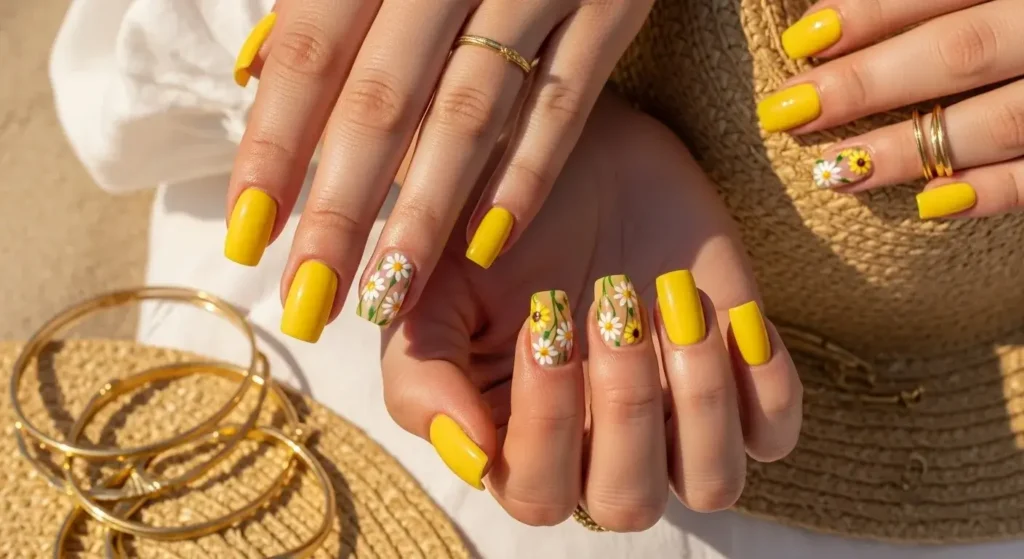 Canary Yellow + Floral Accents Colorful Summer Nails to Try in 2025