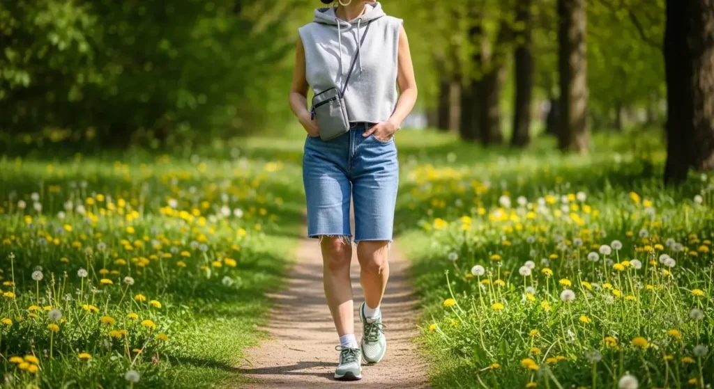 Denim Shorts + Sleeveless Hoodie Hiking Outfits for Summer