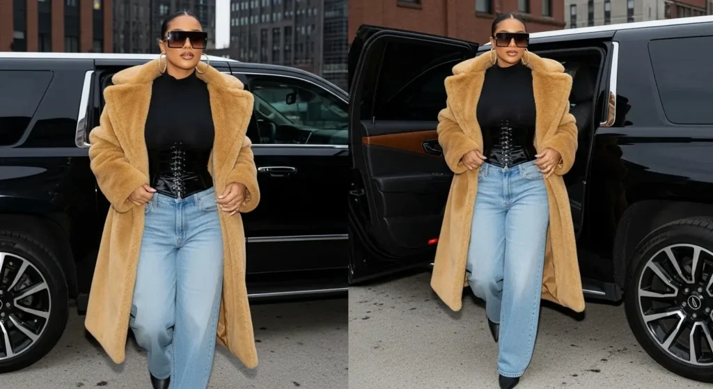 Faux Fur Coat + Bodysuit + Wide-Leg Jeans Winter Concert Outfits