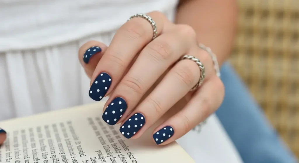 Matte Navy & White Dots Cute July Nails for Summer 2025