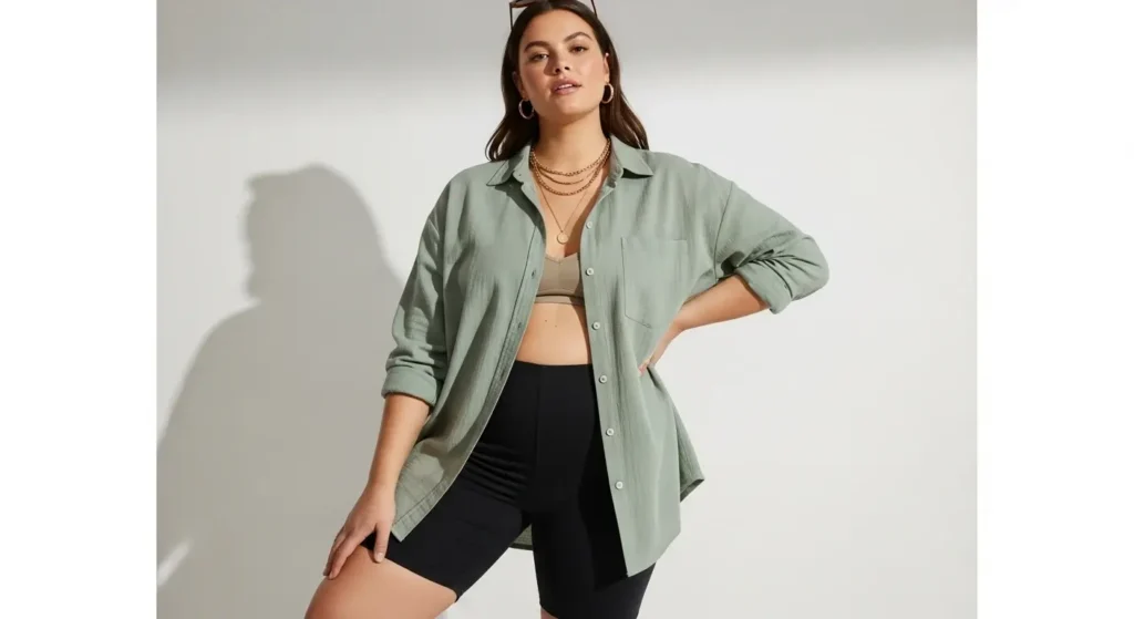 Oversized Button-Down + Biker Shorts Big Belly Summer Outfit Ideas