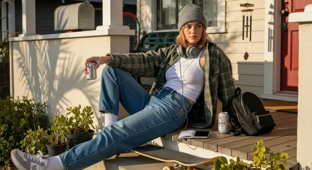 Oversized Flannel + White Tank + Mid-Wash Baggy Jeans Trendy Baggy Jeans Outfits for Women