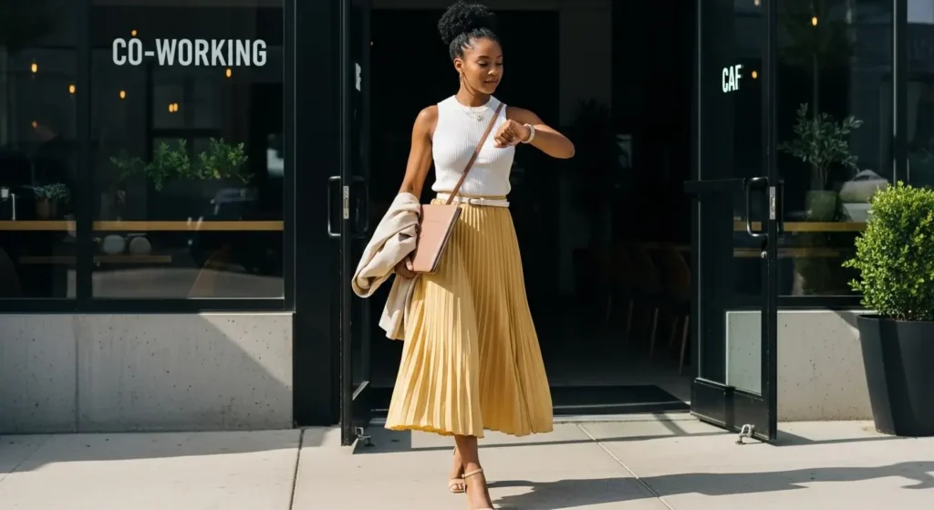Pleated Midi Skirts + Minimalist Knit Tops Summer Office Work Outfits
