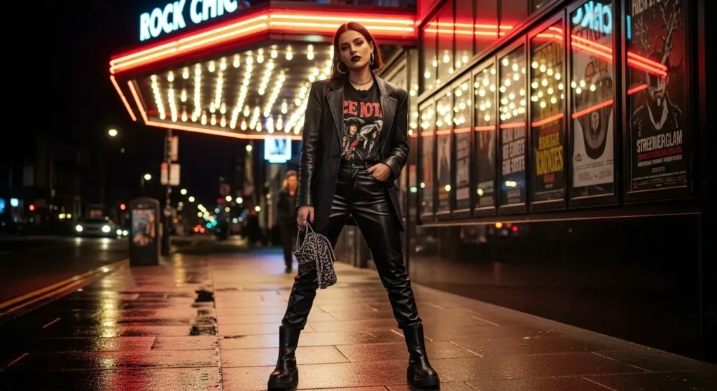 Leather Blazer + Graphic Tee + Faux Leather Pants Winter Concert Outfits