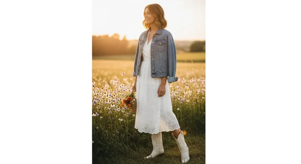 White Eyelet Dress + Cowboy Boots Summer Cowgirl Outfits