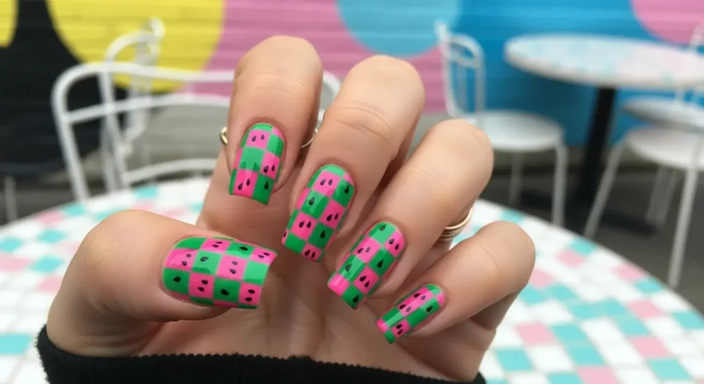 Watermelon Checkerboard Juicy Watermelon Nails For Summer