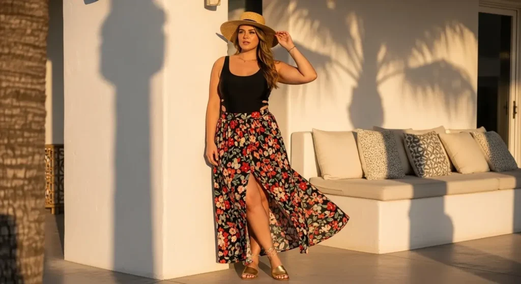 Cut-Out Tankini + High-Waist Maxi Skirt Thick Girlfriend Summer Outfits