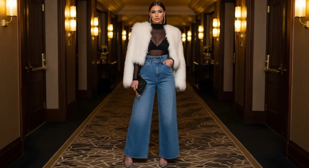 Sheer Long Sleeve Top + Faux Fur Coat + Jeans Baddie Fall Outfits Ideas
