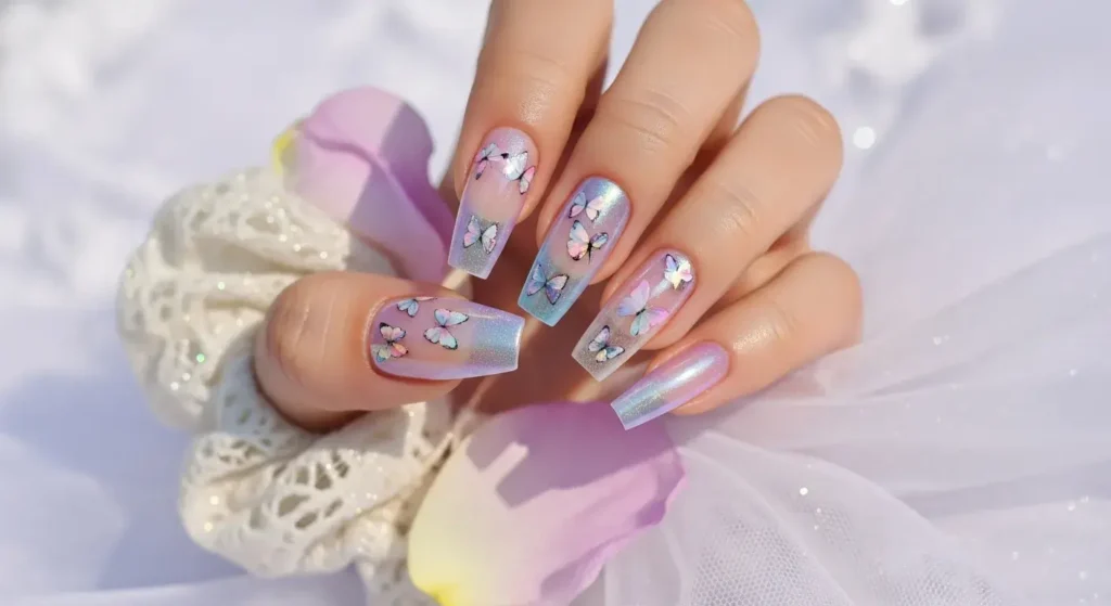Iridescent Butterfly Tips Coffin Nails That Slay Summer 2025