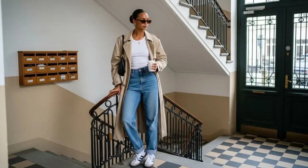 Trench Coat + Baggy Jeans + Adidas Sambas Trendy Baggy Jeans Outfits for Women