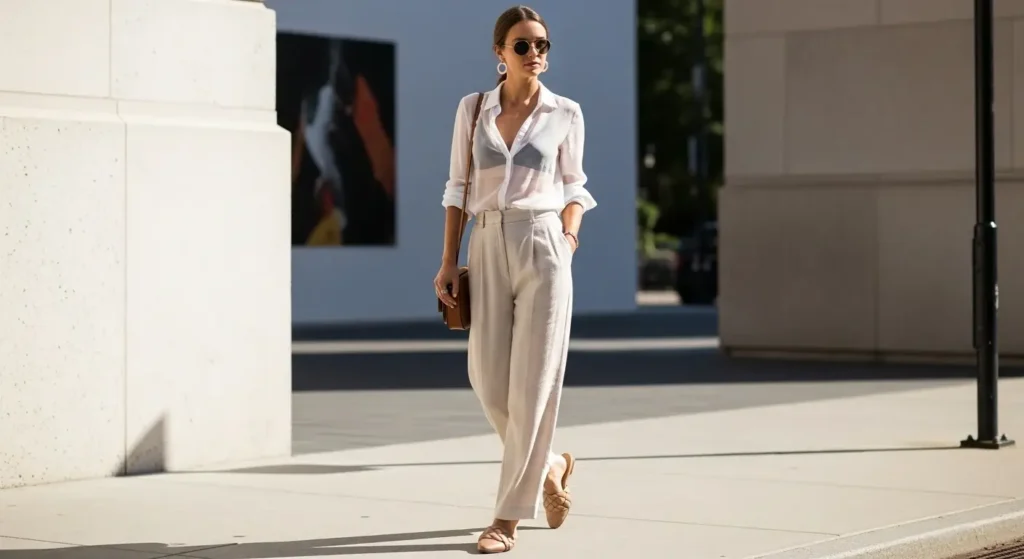 Sheer Button-Up + Bralette + Linen Trousers Aesthetic Summer Outfits