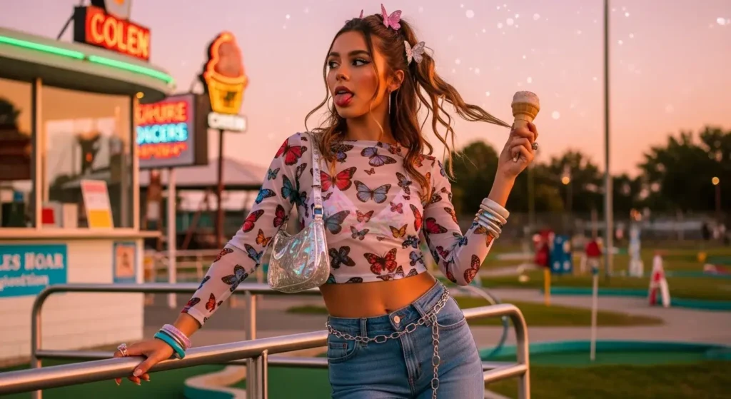 Sheer Butterfly Top + Bootcut Jeans Y2K Summer Outfits