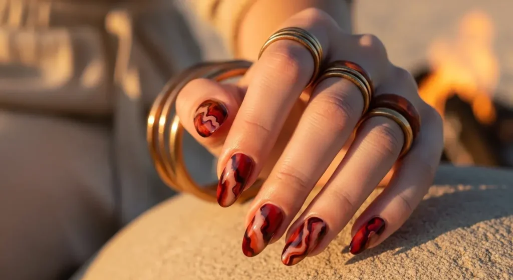 Burnt Red Marble Bold Red Nails for Summer