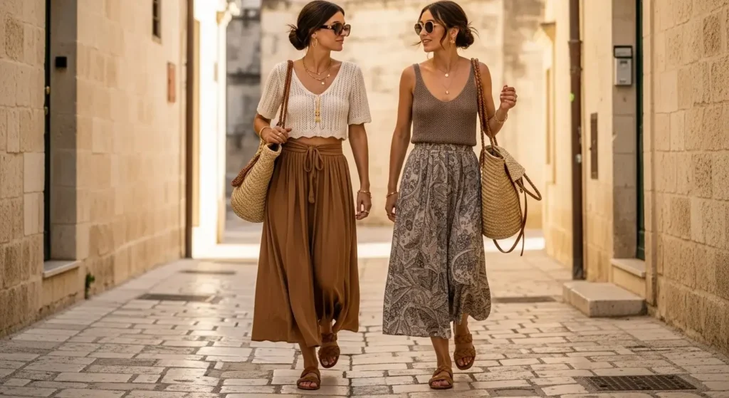 Crochet Crop Top + High-Waisted Midi Skirt Italy Summer Outfit Ideas