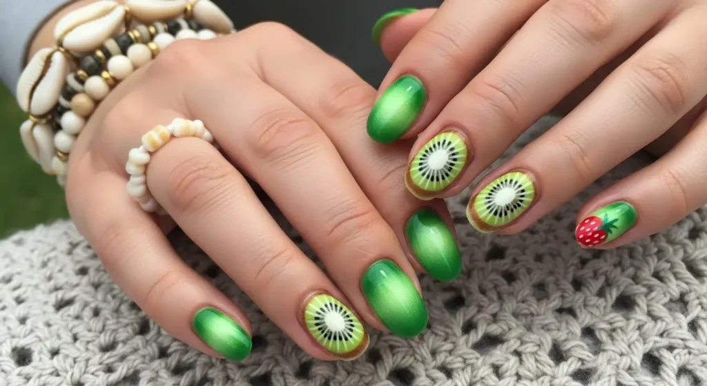 Kiwi Layered Accent Nails Tropical Fruit Nail Ideas for Summer 2025