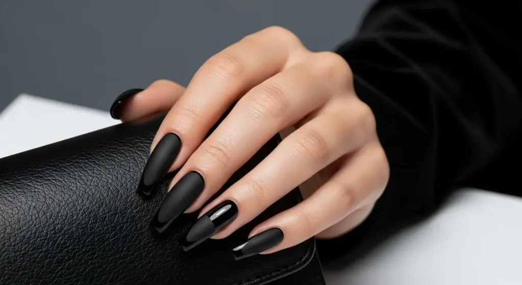 Matte Black + Glossy Outlines Coffin Nails That Slay Summer 2025