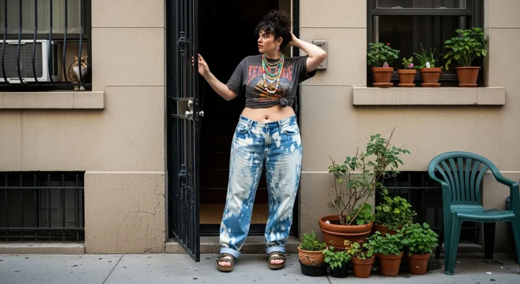 Graphic Tee + Bleached Baggy Jeans + Platform Sandals Trendy Baggy Jeans Outfits for Women