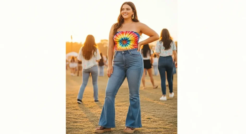 Tube Top + Flared Jeans summer concert outfits for women.