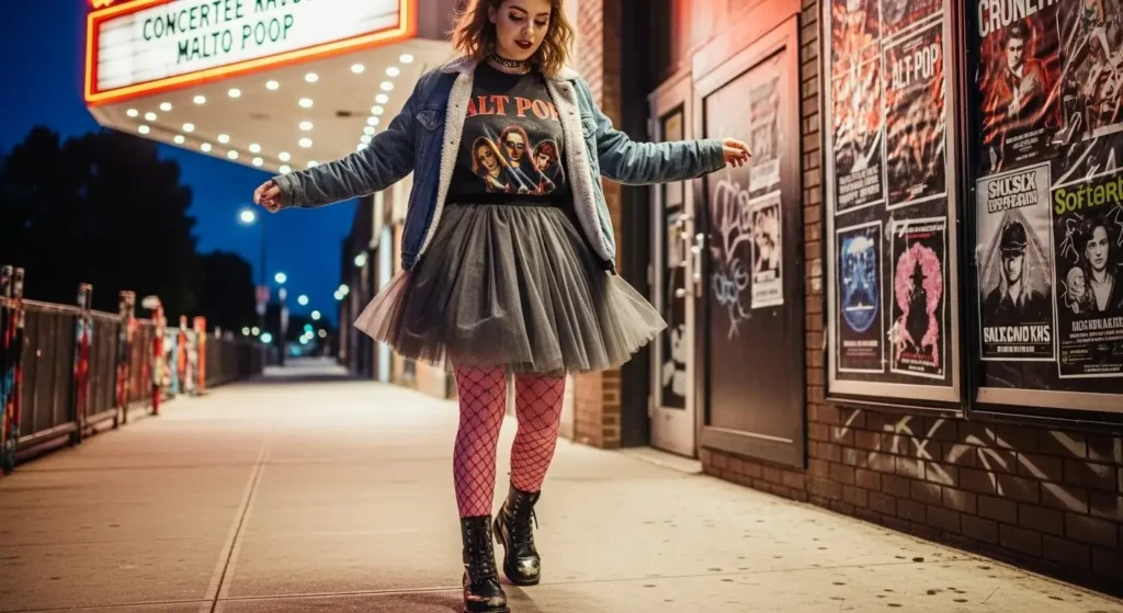 Oversized Band Tee + Tulle Skirt + Combat Boots Winter Concert Outfits