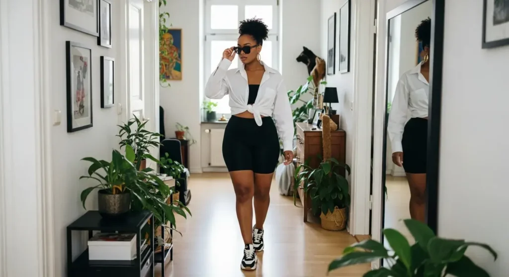 Oversized Button-Down + Biker Shorts Plus Size European Summer Outfits