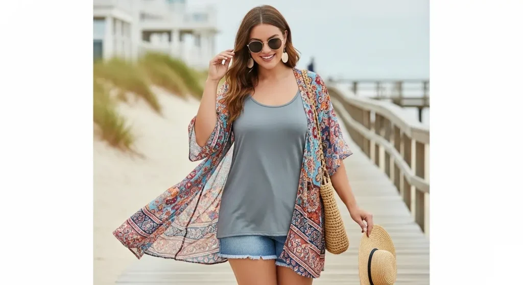 Flowy Kimonos Over Basics Midsize Summer Outfits for women