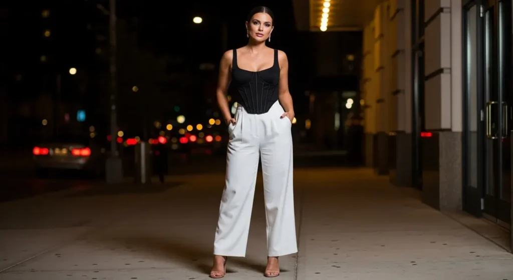 Corset Top + Wide-Leg Pants summer concert outfits for women.