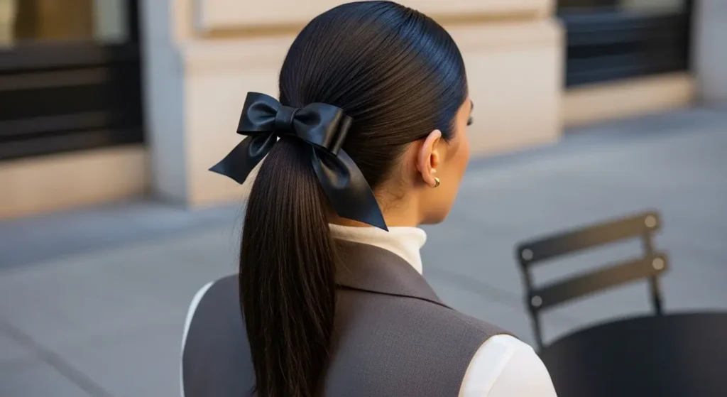 Sleek High Pony with Leather Bow Tie Hairstyles to Try
