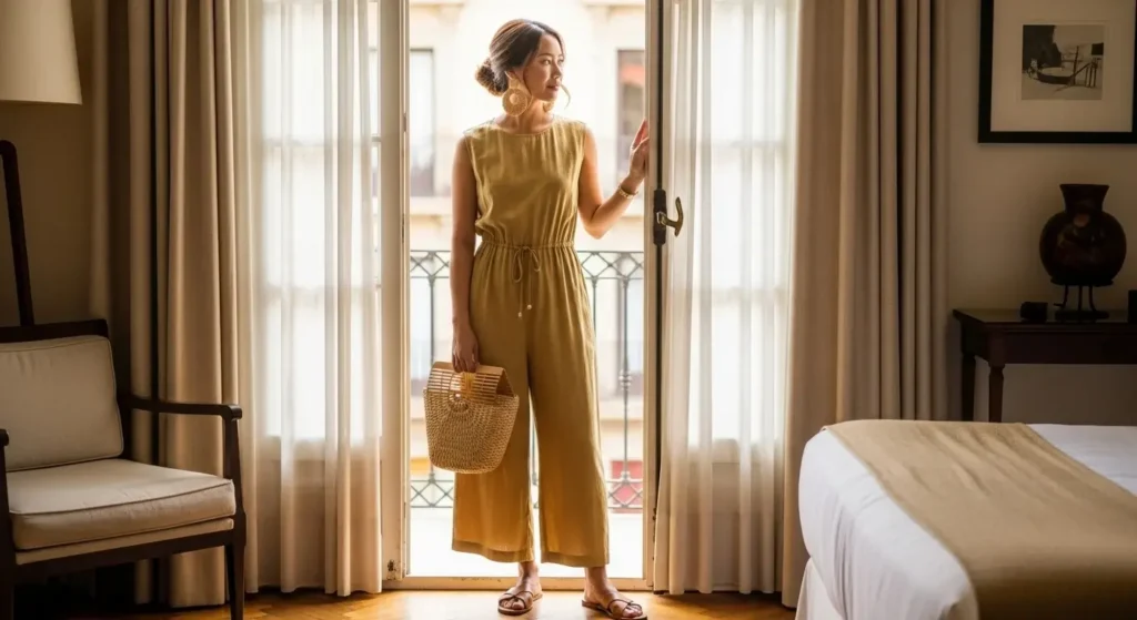 Lightweight Jumpsuit + Raffia Accessories Barcelona Summer Outfits Guide