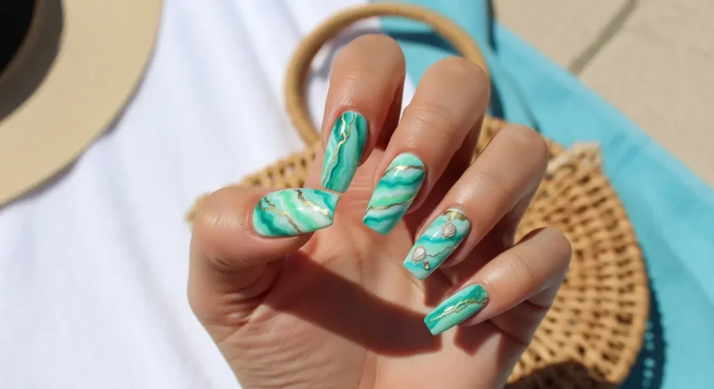 Ocean Marble Art Coffin Nails That Slay Summer 2025