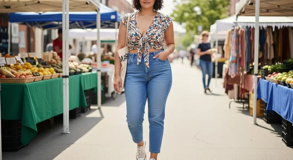Tie-Front Blouse + Mom Jeans Curvy Summer Outfits for women