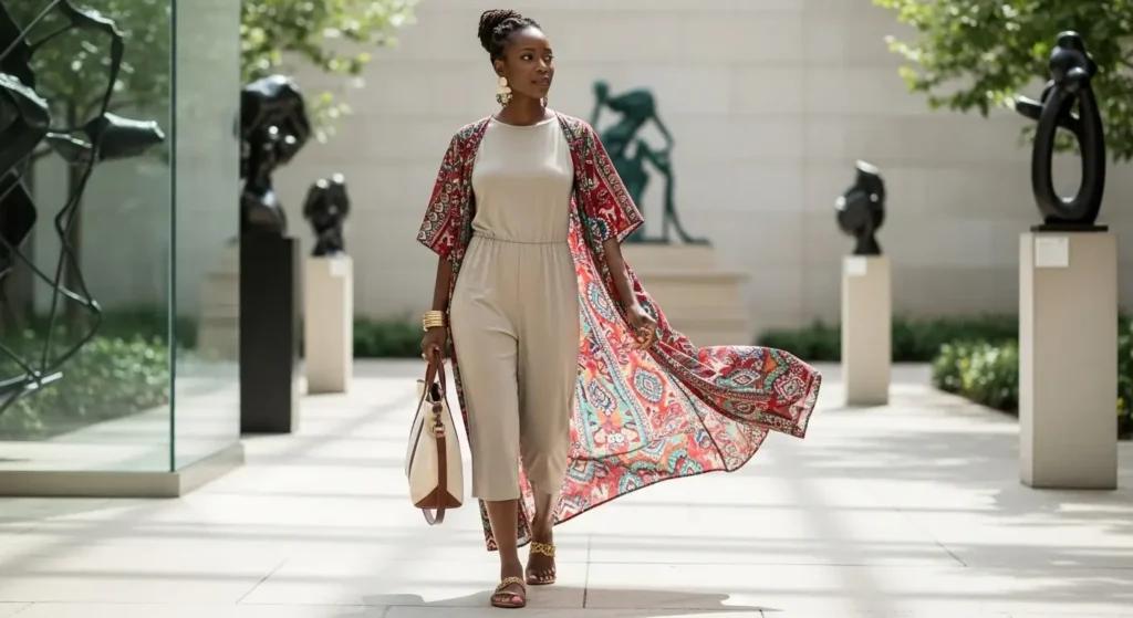 Sleeveless Jumpsuit + Colorful Kimono Summer Outfits for Black Women